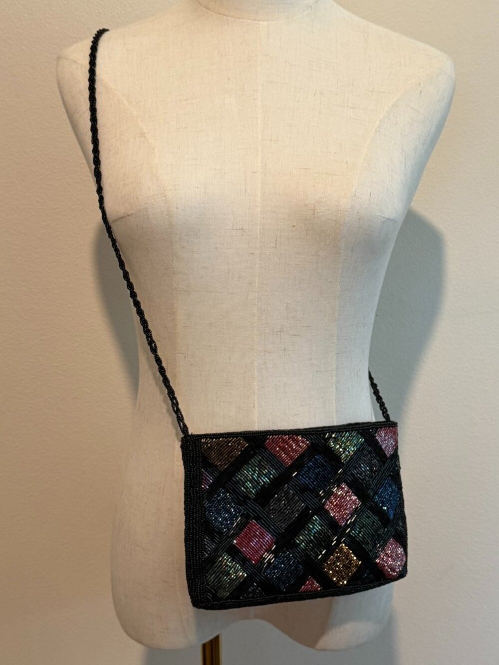 Regale Ltd Vintage Beaded Crossbody Purse Black Geometric Diamond Evening Bag - Picture 2 of 9